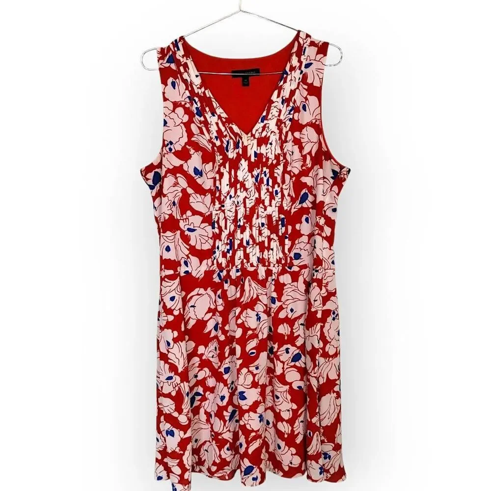 Banana Republic Womens Red Floral Pintuck Pleated Sleeveless V-Neck Dress 14 - Picture 2 of 13